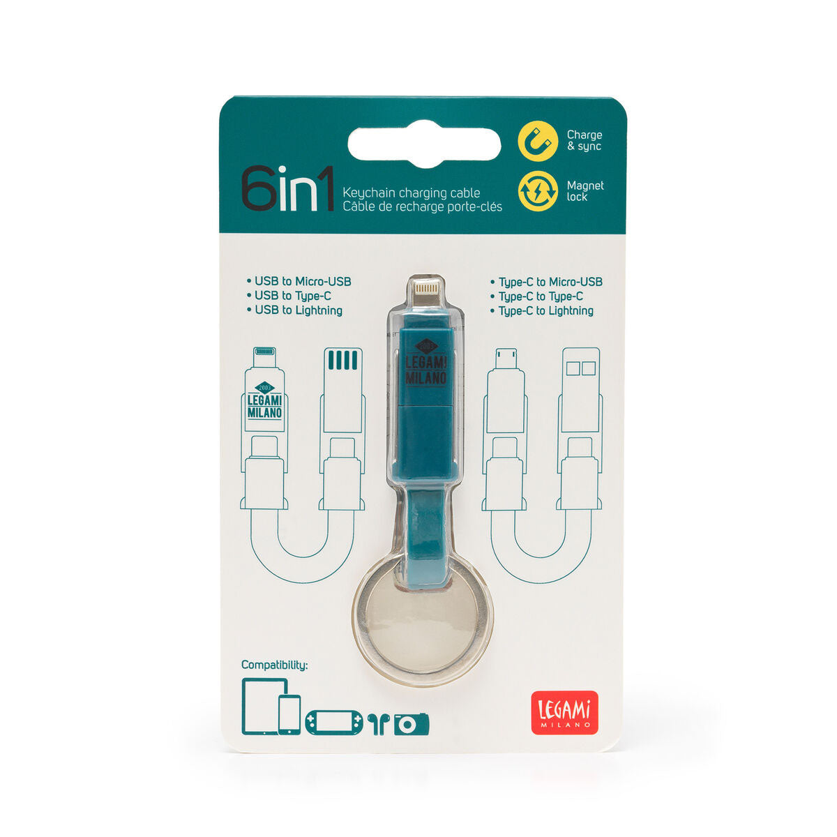 Llavero con Cable Multicargador 6 En 1 Petrol Blue