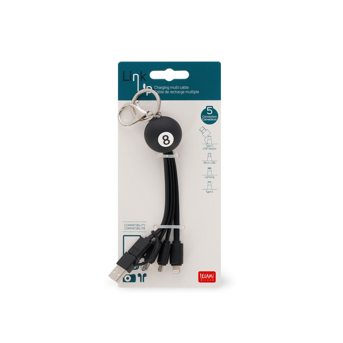 Llavero con cable multicargador 6 en 1 Bola 8