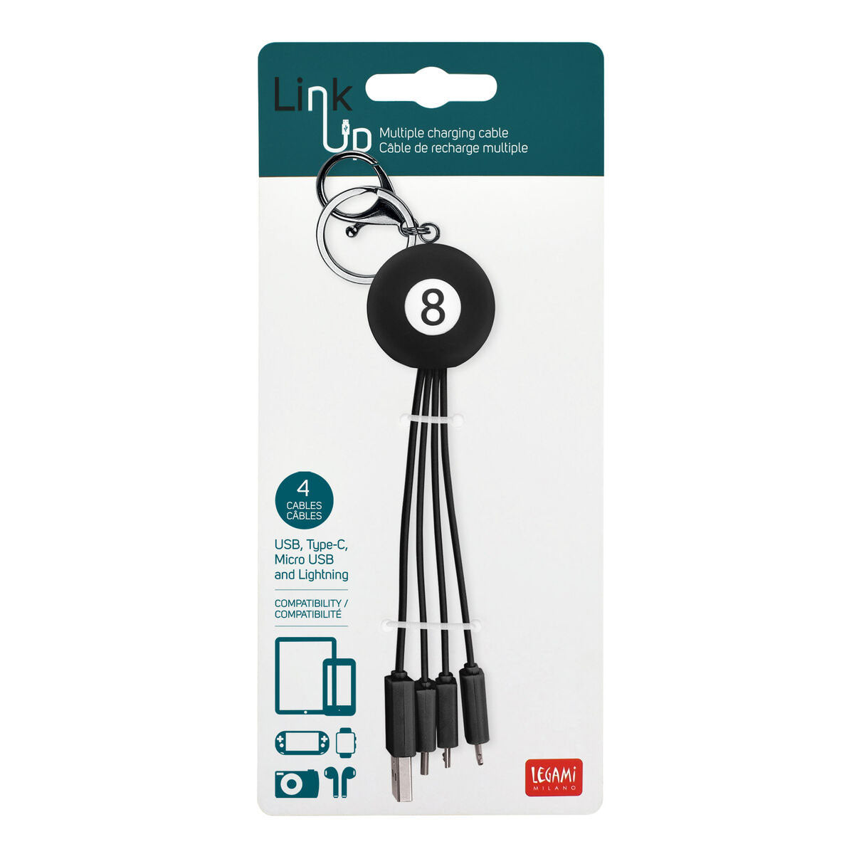 Llavero con cable multicargador 3 en 1  "Bola 8"